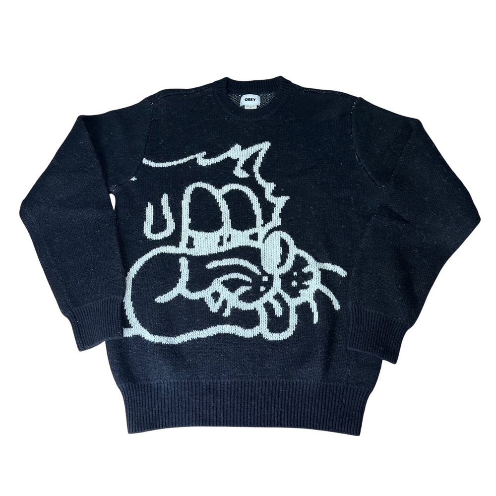 Obey Mens Abstract Graphic Intarsia Knit Wool Blend Crewneck Sweater Black M